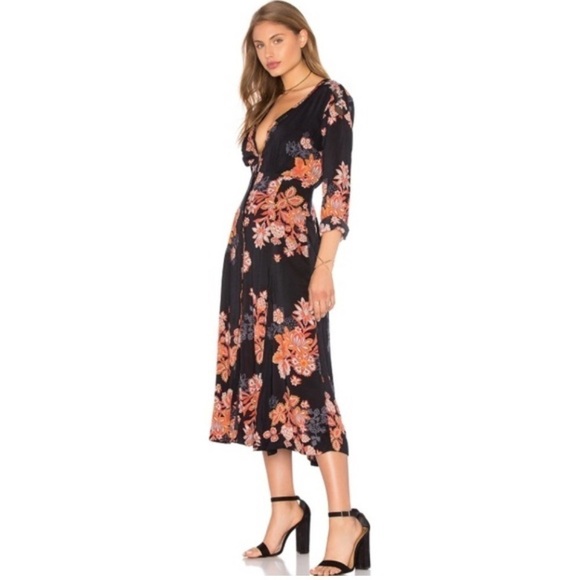 Free People Miranda Floral Button Front Midi Dress Black Combo 2 - Picture 2 of 16